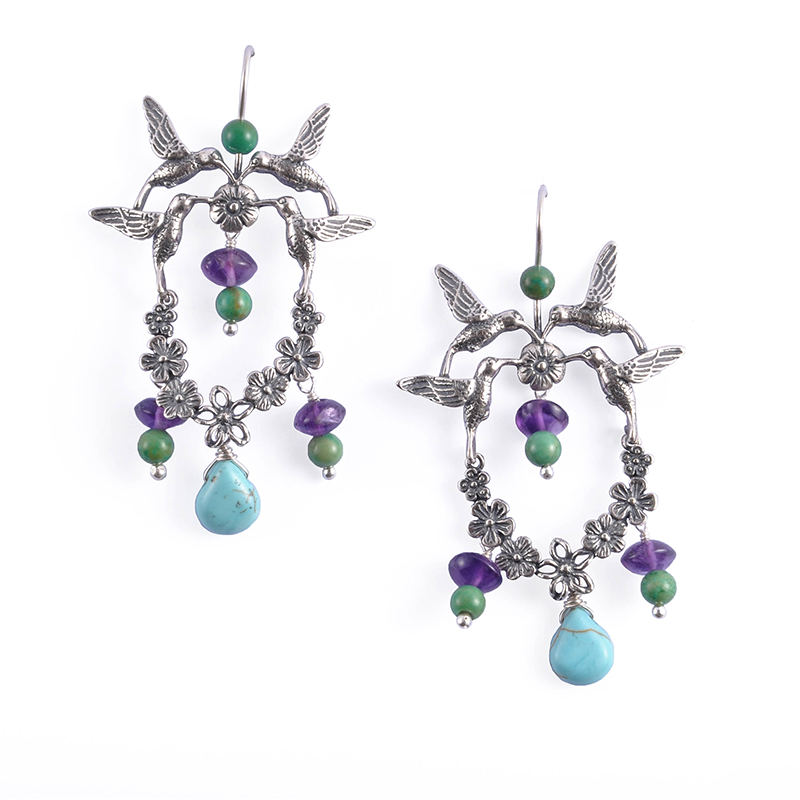 Aretes Picaflor con corona flores